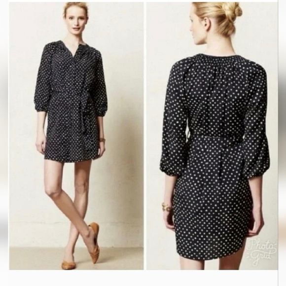 Anthropologie Maeve Preparation Polka Dot Dress Blk/Wh Button-Down Waist-Tie XS - Picture 14 of 14